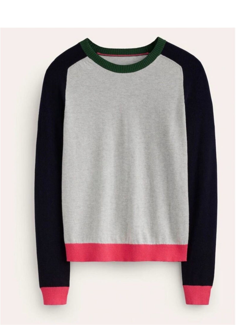 Boden Colorblock Crewneck Sweater in Gray, Navy & Pink with Green Trim Large